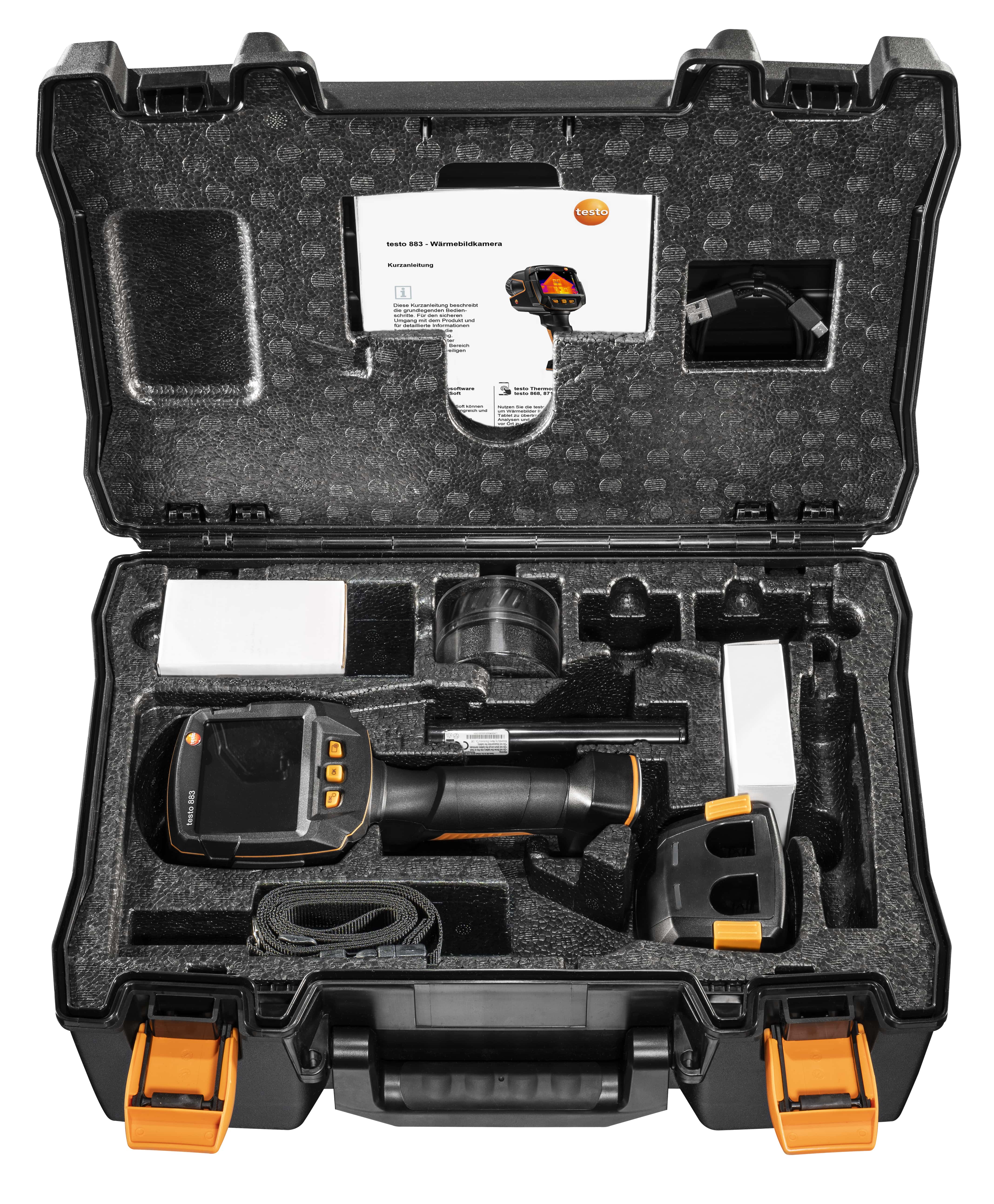 testo 883 Kit - Câmera termográfica (9Hz), inclui maleta, lente adicional, bateria adicional e carregador externo